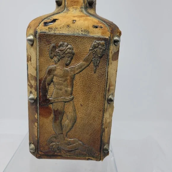 Vtg MCM Italian Hand-tooled Leather Decanter Embossed Studded Glass Perseus